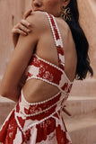 Notched V Neck Cutout Print A-Line Sleeveless Mini Dresses-Red Pre Order