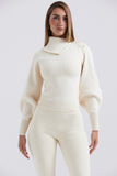 Irregular Folded Stand Collar Lantern Sleeve Sweater Plain Pants Matching Set-Beige