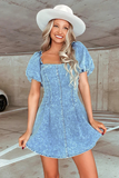 Square Neck Puff Sleeve A-Line Denim Mini Dresses-Blue