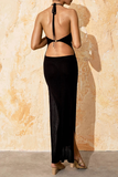 Halter Neck Backless Side Slit Knit Slim Fit Vacation Maxi Dresses-Beige