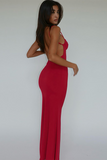 Spaghetti Strap Slim Fit Backless Solid Color Maxi Dresses-Red