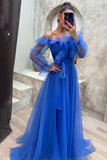 Ruffled Tulle Off Shoulder Tie Waist Prom Maxi Dresses