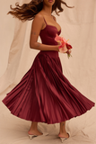 Irregular Neck Corset A-Line Pleated Hem Satin Slip Midi Dresses-Burgundy