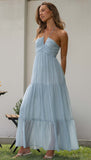 Halter Sleeveless Backless Tiered Pleated Flowy Vacation Maxi Dress