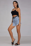 Denim High Waist Raw Edge Irregular Skort-Blue