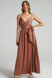 V Neck Knotted Split Gown Slip Maxi Dresses