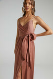 V Neck Knotted Split Gown Slip Maxi Dresses