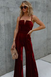 Velvet Solid Color Cami High Waist Straight Leg Jumpsuit-Burgundy