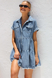 Denim Turndown Collar Short Sleeve Pocket A-Line Loose Fit Blouse Mini Dresses-Blue