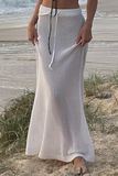 Knit Hollow Out See Through Vacation Maxi Skirt-White