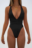 Deep V Neck Crossover Backless Tie Up One-Piece Swimsuit-Orange