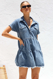 Denim Turndown Collar Short Sleeve Pocket A-Line Loose Fit Blouse Mini Dresses-Blue