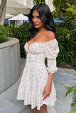 Off Shoulder Frill Trim Floral Tied Up Layered Mini Dresses-White