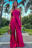 One Shoulder Irregular Hem Satin Top Wide Leg Pants Matching Set