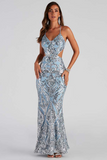 Sequin Pattern V Neck Cutout Backless Party Gowns Maxi Slip Dresses-Blue