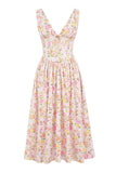 Sleeveless V Neck Cinch Waist Floral Print Midi Dresses-Pink