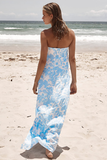 Floral Print Boat Neck Loose Fit Vacation Maxi Tube Dresses-Blue