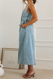 Irregular Neck Cinch Waist Button Up Denim Slip Midi Dresses-Blue