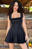 Ruffled Trim Square Neck Cinch Waist Sleeveless Pleated Mini Dresses-Black