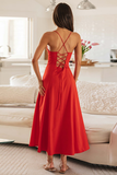 Ruched Lace Up Backless A-Line High Slit Slip Midi Dresses-Red