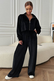 Turndown Collar Zip Crop Cardigan Wide Leg Velvet Pants Matching Set-Black