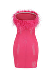 Sequin Strapless Feather Trim Bodycon Mini Party Dresses