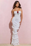 Ruffle Floral Embroidery Hollow Fishtail Maxi Slip Dresses-White