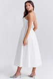 Elegant Strapless Corset Back Zipper Pleated Midi Dresses-White