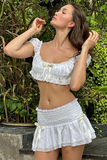 Puff Sleeve Ruffled Crop Top Bow Decor Low-Rise Mini Skirt Matching Set-White