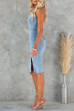 Denim Boat Neckline Bodycon Slit Midi Tube Dresses-Blue