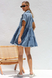 Denim Turndown Collar Short Sleeve Pocket A-Line Loose Fit Blouse Mini Dresses-Blue