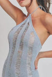 Halter Backless Scratch Knit See-Through Slim-Fit Midi Dresses-Blue