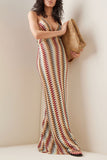 Halter V Neck Backless Boho Pattern Knit Slim-Fit Vacation Maxi Dresses-Beige