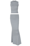 Solid Color Crop Tank Top Bodycon Maxi Skirt Matching Set-Grey