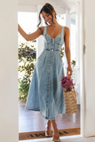 Irregular Neck Cinch Waist Button Up Denim Slip Midi Dresses-Blue