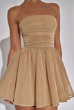 Boat Neck Strapless A-Line Back Bow Sparkling Mini Dresses-Gold