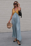 V Neck Colorblock A-Line Maxi Tank Dresses-Green