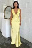 Lace Trim V Neck Backless Gowns Maxi Tank Dresses-Yellow