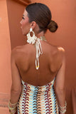 Halter V Neck Backless Boho Pattern Knit Slim-Fit Vacation Maxi Dresses-Beige