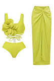 Tied Up 3D Flower Decor Bikini Top Maxi Skirt Bikini Three-Piece Set-Green