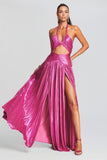 Shiny V Neck Halter Cutout Backless Slit Party Maxi Dresses