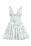 Ditsy Floral Print Deep V Neck Cinch Waist Mini Tank Dresses-Blue