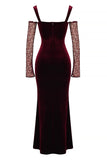 Cold Shoulder Lace Sleeve Bodycon Velvet Formal Party Maxi Dresses