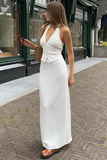 Deep V Neck Halter Button Vest Solid Color Maxi Skirt Matching Set-White