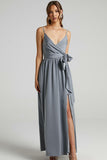 V Neck Knotted Split Gown Slip Maxi Dresses