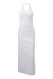 Deep V Neck Halter Button Vest Solid Color Maxi Skirt Matching Set-White