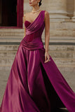 Elegant One Shoulder Corset Folds High Slit Formal Party Gown Satin Maxi Dresses-Purple