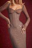 Square Neck Long Sleeve Embroidery Corset Bodycon Midi Dresses-Gray