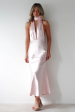 Halter Neck Slim Fit Fishtail Hem Backless Maxi Dresses-Pink