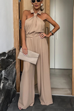 Sleeveless Turndown Collar Wide Leg Plain Jumpsuit-Khaki